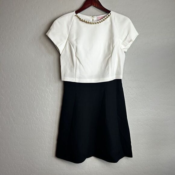 TED BAKER SHEATH DRESS SIZE 1 US 4 Black White Color Block Chain Neckline - Picture 2 of 10